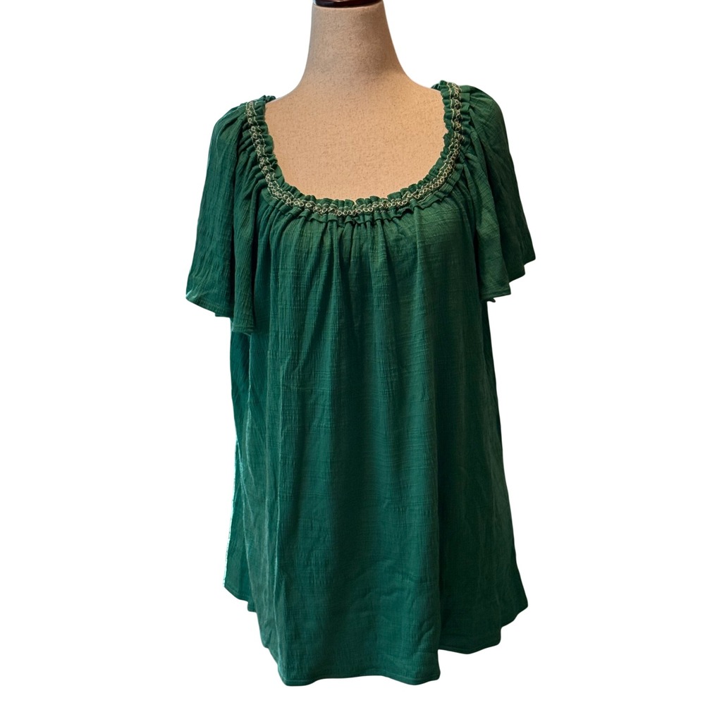 1X Max Studio London Green Textured Gauze Peasant Blouse Embroidery NEW